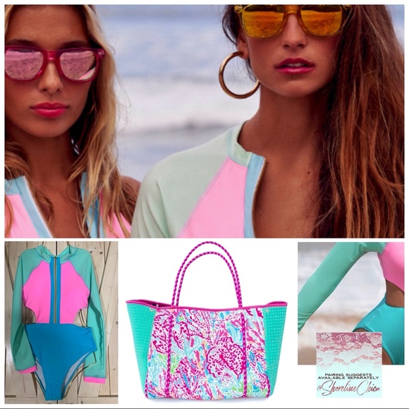 new lily pink CORAL REEF waterproof neoprene tote light resort travel beach bag - Picture 5 of 16